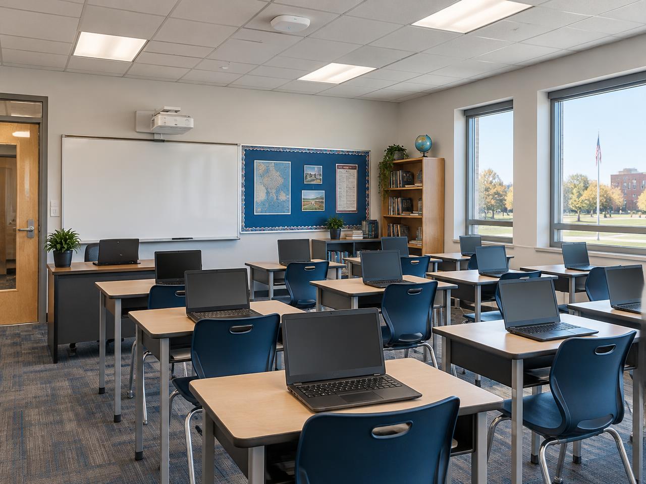 School classroom with student laptops and a ceiling-mounted wireless access point
